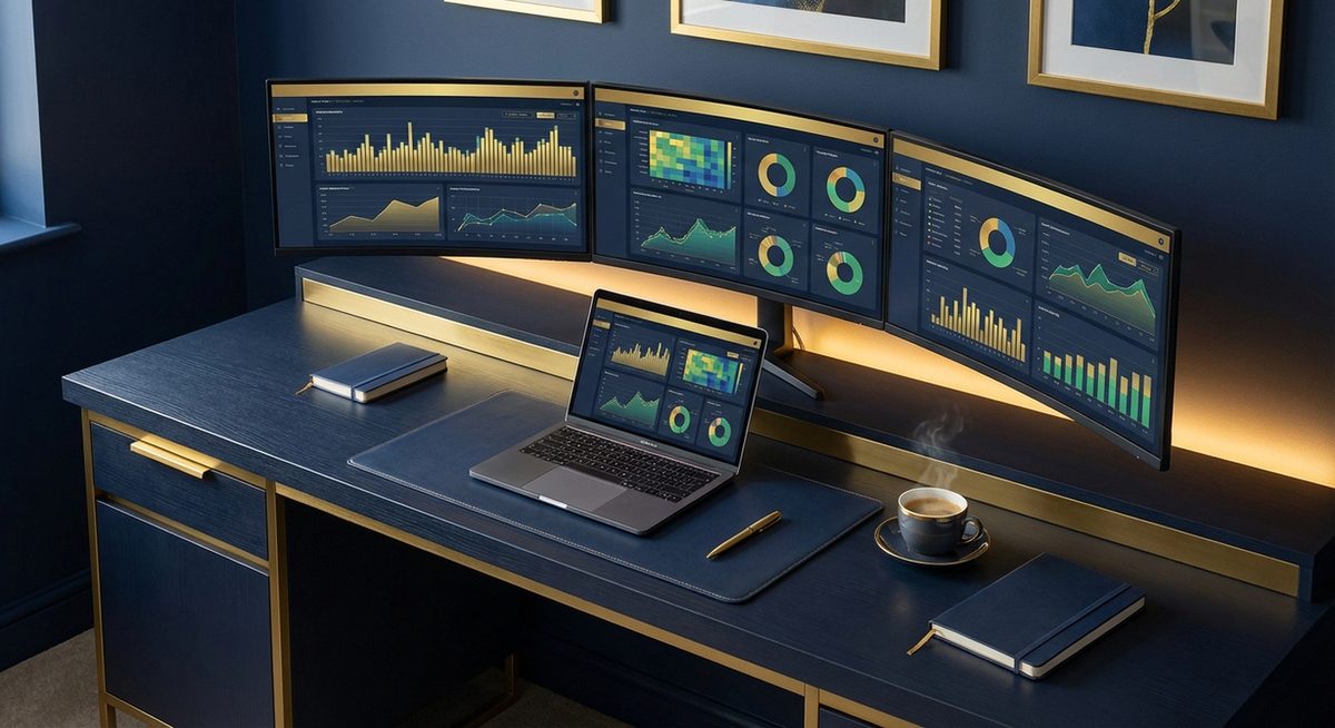 iGaming affiliate workspace with multiple screens showing casino analytics