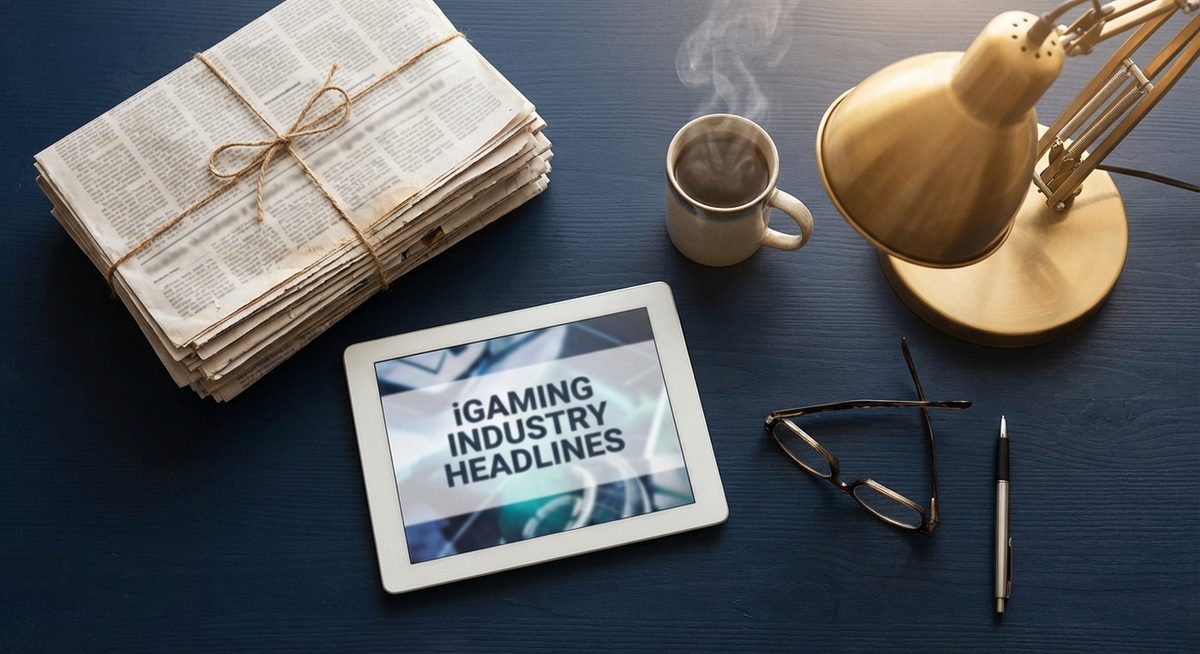 Digital news feed with iGaming industry stock tickers and breaking news graphics