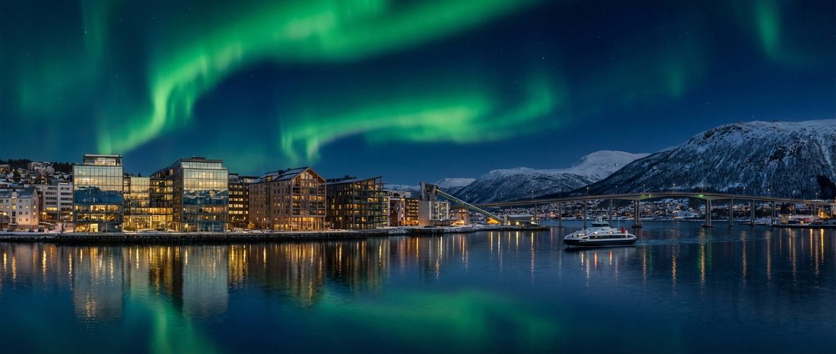 Nordic landscape with northern lights and subtle casino elements