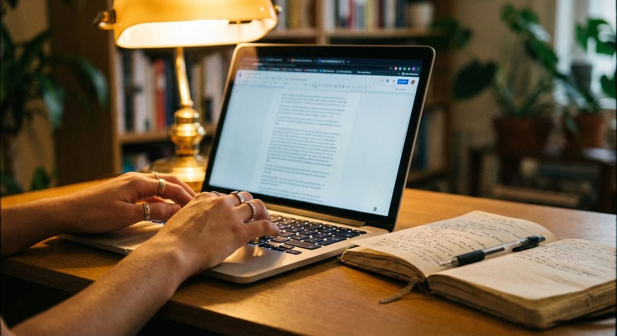 Affiliate marketer writing a casino review on a laptop in a professional workspace